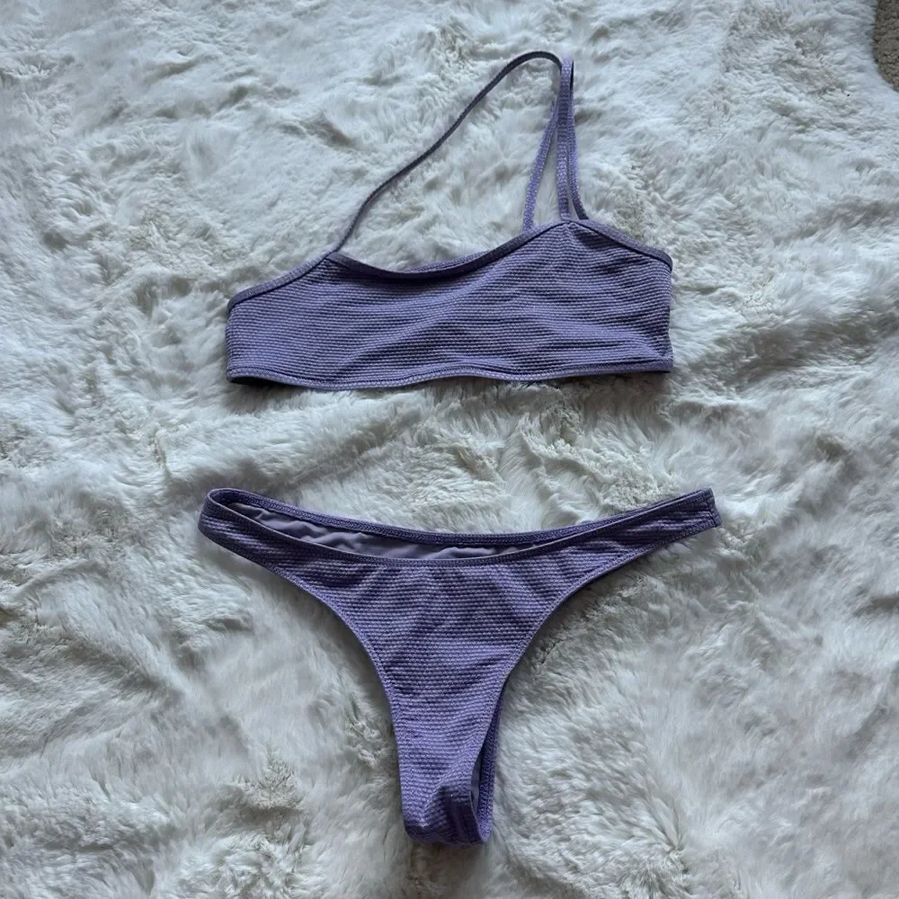 Frankie’s Bikinis lavender sparkly Olivia bikini top + thong bottoms